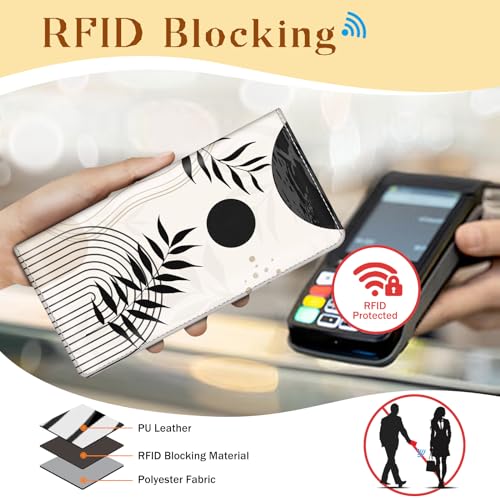 Image of Immaturus Abstract Art Leaf Womens Wallet, Slim Thin RFID Blocking Card Wallets, Bifold PU Leather Credit Card Holder Organizer, Cash Clutch Long Billfold with Zipper Coin Pocket Ladies Girls Gift