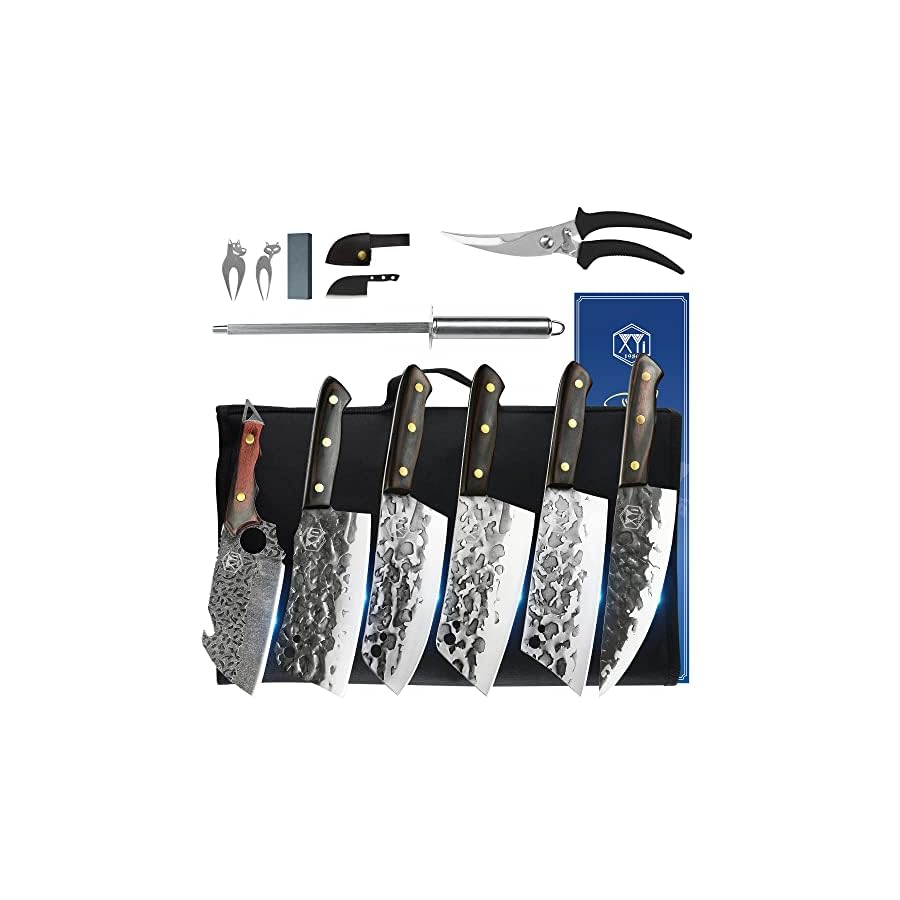 Authentic-XYJ-Since-1986-6-Pieces-Camping-Kitchen-Knife-Set-With-Roll-Bag-Scissors-Ting-Knives-Serbian-Chef-Knife-Vegetable-Meat-Cleaver-Slicing-Cooking-Butcher-Hammer-Finish-High-Carbon-Steel Authentic XYJ Since 1986,Forged Kitchen Knife Set, High Carbon Steel Cleavers,5pcs Knives Set With Roll Bag,Bone Scissors,Honing Steel,Sharp For Chopping Meat Vegetables for Special Day (10)