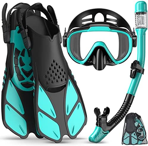 Ubekezele Snorkeling Gear for Adults Men Women,4 in 1 Snorkel Set with Panoramic View Diving Mask Anti-Fog Anti-Leak,Dry Top Snorkel,Fins and Travel Bag for Swimming,Snorkeling and Travel Diving