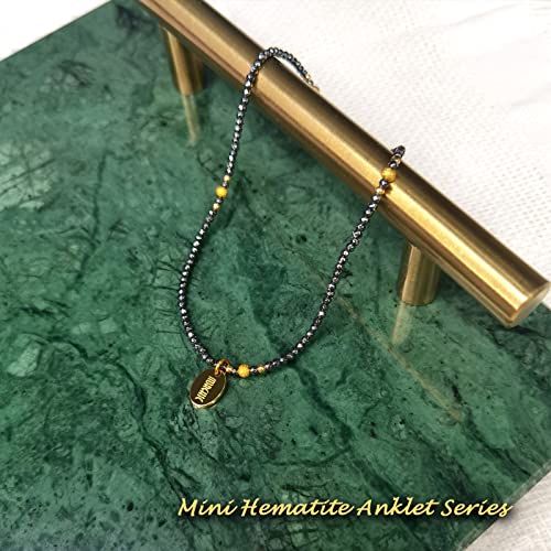 Morchic Womens Hematite Anklet, Gold Plated Brass Beads Handmade Foot Chain, Elastic Beach Chakra Jewelry 9.5" (Ank-3) #TOP1