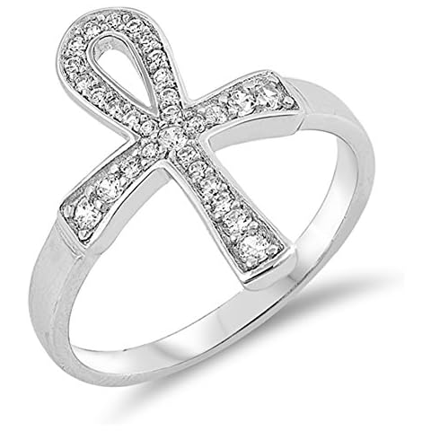 White CZ Ankh Cross Journey Pave Ring .925 Sterling Silver Micro Band Sizes 5-10, Metal, Cubic Zirconia Cover