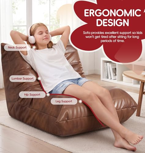 Image of Hobestluk Small Bean Bag Chair Lazy Floor Sofa Bean Bags with Memory Foam Filled Leather Beanbag Lounge Sofa Armless Chair for Bedroom Playroom and Reading Nook Dorm Waterproof (Brown, Medium)
