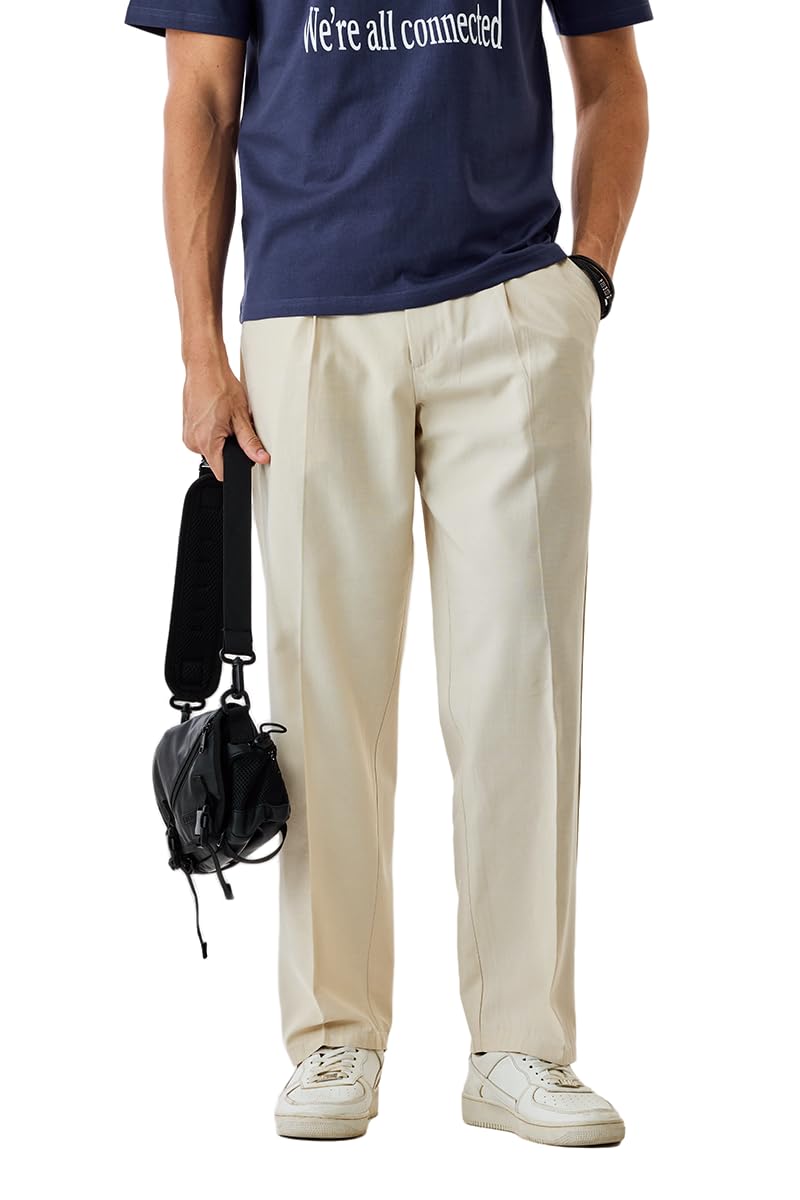 Men Casual Trousers | Relaxed Fit Pleated Front Design with Drawstring Closure | Breathable Cotton Blend Fabric for Everyday Wear & Summer Comfort-image-24
