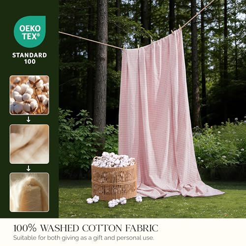 Image of Andency Pink Gingham Duvet Cover Twin, 100% Wash Cotton Linen Like Textured Breathable Comforter Cover Set, 2 Piece Blush Classic Yarn-Dyed Checkered Plaid Bedding Set for Dorm Kids Teens, 66 inch*90 inch