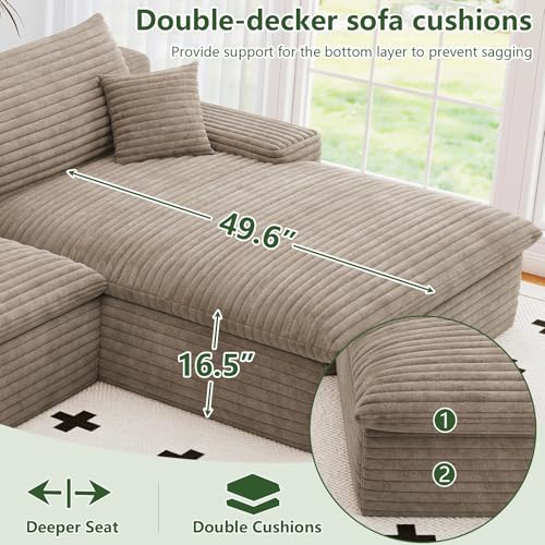 Image of 107 inch W Cloud Couch Modular Sectional Sofa for Living Room, L-Shape Boneless Couch with Deep Seat, Modern Corduroy 3-Seater, No Assembly Required (Camel,Right-Facing Chaise)