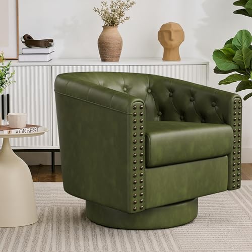 Image of Swivel Barrel Accent Chairs Set of 2,Round Nailhead Faux Leather Living Room Arm Chairs,Modern Upholstered Comfty Reading Chairs for Bedroom,Small Club Armchair,Sofa Side Chairs,Olive Green