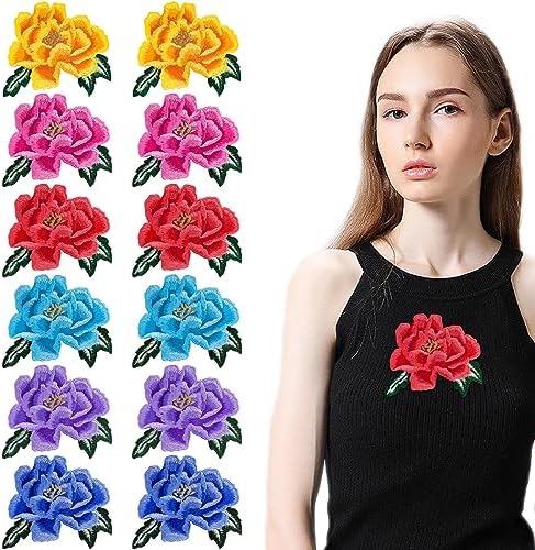 12 Pcs Rose Flower Embroidered Appliques Patches Big Floral Embro...