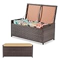 PROHIKER Multifunctional Wicker Deck Box, All-Weather 55 Gallon Outdoor Storage Box with Cushions, Storage Bench Rattan Storage Bin for Pool Tools, Outdoor Equipments and Garden Tools, Brown