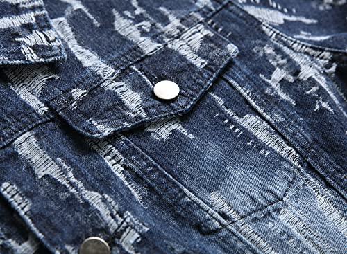 Image of RANMCC Men's Elastic Ripped Denim Jacket, Vintage Washed Frayed Trucker Coat, Lightweight Casual All Season Street Outerwear