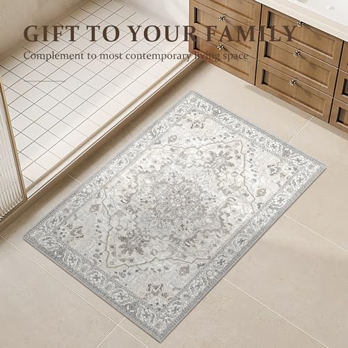 2x3 Small Entryway Doormat 2x3 Front Door Rug Indoor Entrance Kitchen Bathroom Carpet Farmhouse Non Slip Washable Low Pile Floor Carpet, Beige/Multi