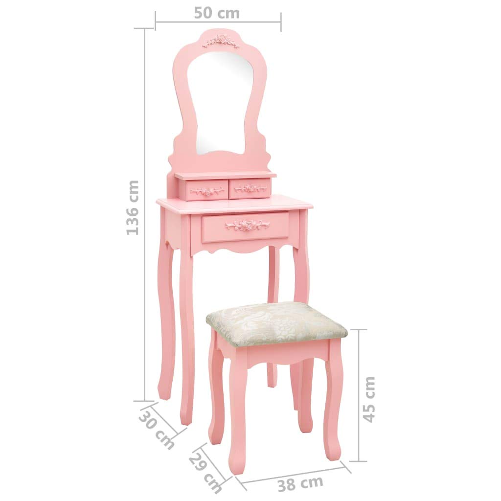 Juego de tocador con taburete de madera de paulownia rosa, 50 x 59 x 136 cm, con espejo, 1 cajón grande, 2 cajones pequeños, para dormitorio, baño, niña