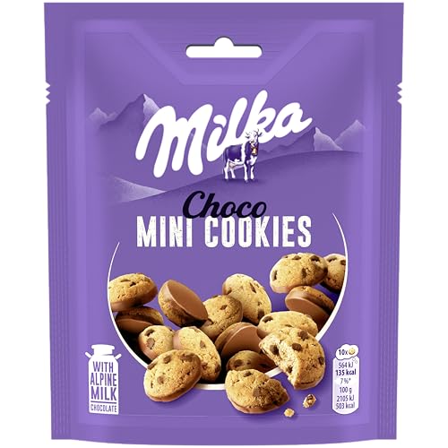 Milka Mini Cookies Galletas con Pepitas de Chocolate con Leche y Cubiertas con Chocolate con Leche de los Alpes 110g - Pack de 8