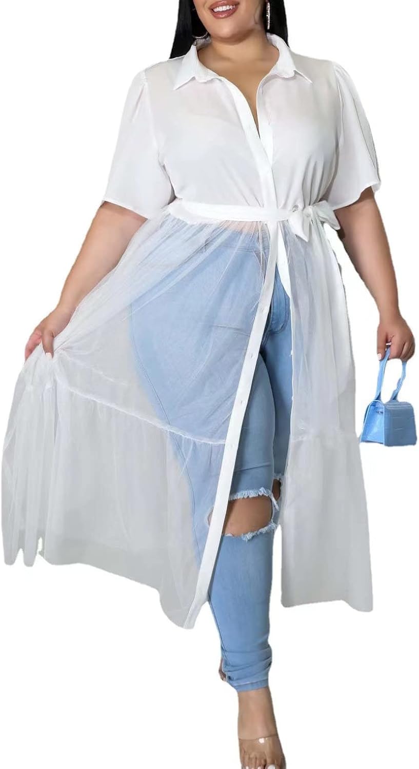 Sunlips Women's Sexy Plus Size Lapel Shirt Dresses Mesh See Through Puff Short Sleeve Flowy Swing Dress Clubwear - Image 2