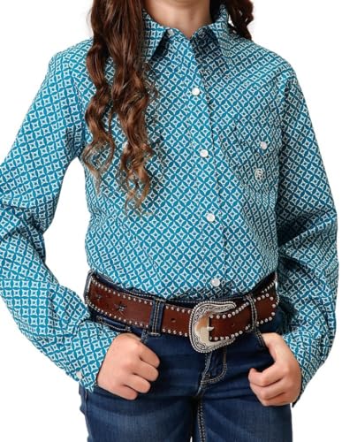 GIRLS LONG SLEEVE SNAP DIAMOND PRINT TURQUOISE WESTERN SHIRT