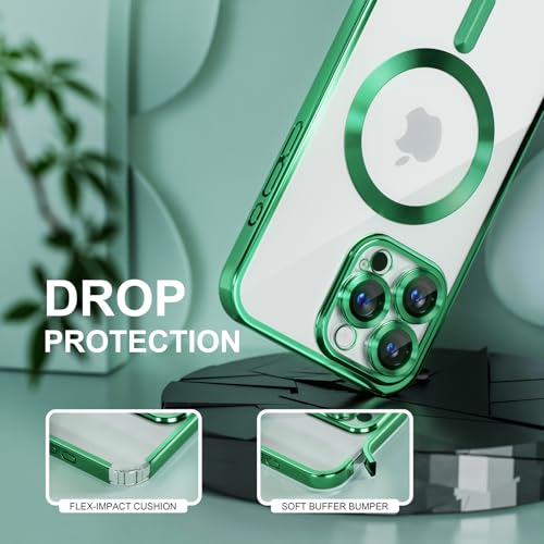 Image of Misea Magnetic for iPhone 16 Pro Max Case Compatible with MagSafe Green | [Never Yellowing] [Military Drop Protection] Full Camera Lens Protector Plating Soft Clear Phone Case for Women, Green