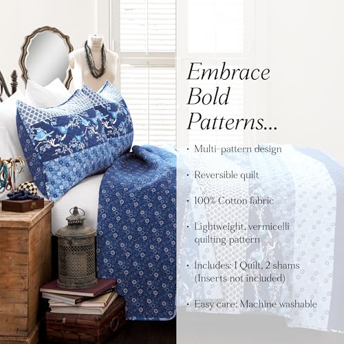 Image of Lush Decor Royal Empire Reversible Cotton Quilt Set, 3 Piece Set Full / Queen, Navy - Striped Bedding Set - Floral Quilt Queen Size - Boho Decor