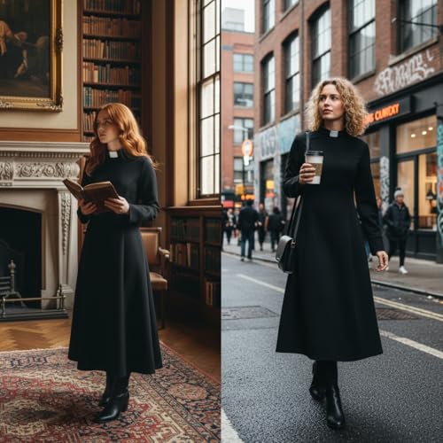 Image of CAMDOM Church Clergy Dress for Women Minister Spring /Autumn Long Sleeve Loose Elegant Dress with Tab Insert Stand Collar