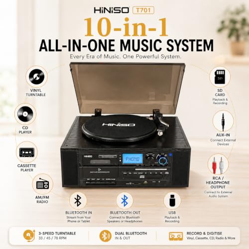 Image of HINISO T701 10-in-1 Vinyl Record Player with Bluetooth in & Out, CD, Cassette, FM /AM Radio, USB /SD Recording | Auto-Return 3-Speed Turntable with AT-3600L Diamond Needle, Remote & RCA