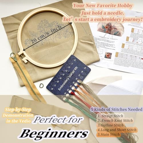 Image of FONNUY Embroidery Kit Makeup Bag for Beginners, Flowers Pre-Stamped Pattern Handbag Coin Purses Making Kits for Adults with Hoop, Easy to Follow Color Thread Needlework (Beige)