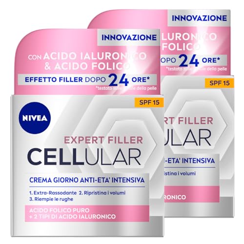 Nivea Hyaluron Cellular Filler - Crema de día antiedad reafirmante, hidratante, fórmula antiarrugas SPF15 con ácido hialurónico y ácido fólico, efecto intensivo – 2 dosis de 50 ml