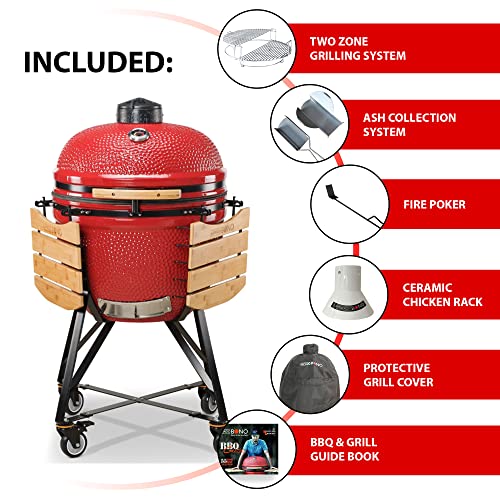Kamado BONO BBQ - Barbacoa Grande XXL con 6 accesorios - Ø 64 cm Kamado Barbacoa con Accesorios - Parrilla ahumador rojo en la terraza, balcón o jardín - imagen 3