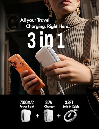 Image of LISEN 3 in 1 Travel Power Bank with Wall Plug, 2026 Mini Portable Charger with Built in Cable 3.3FT, 35W Powerbank Fast Charging 7000mAh for iPhone 17 16 15 Pro Max Plus, Samsung, iPad, Pearl White | Compact & Travel-Friendly Power Bank Wall Charger Long Cable USB C