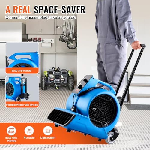 Image of VEVOR Air Mover, 1 HP 4000 CFM Carpet Dryer for Cooling and Ventilating, Portable Floor Blower Fan with 3 Blowing Angles and Time Function, for Janitorial, Home, Commercial Use