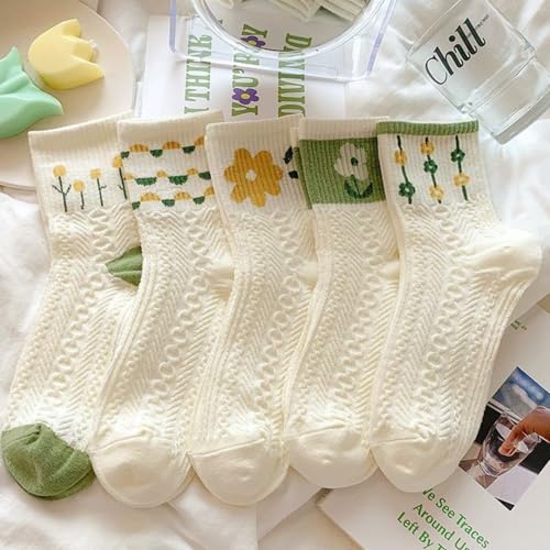 Image of 4 /5 Pack Cute Womens Floral Socks, Cotton Vintage Embroidered Casual Crew Socks, Girly Cottagecore Tulip Dress Socks