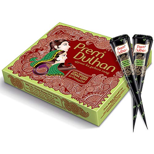 Image of Prem Dulhan Natural Henna Based Mehendi Cones 1 Box Pack of 12 Cones, Made from Natural Henna Leafs, Easy Application