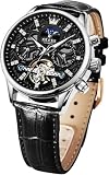 OLEVS Reloj de pulsera mecánico automático para hombre, estilo casual, color marrón y negro, fase lunar, luminoso, resistente al agua, Cuero negro y cara negra