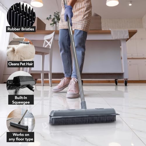 Image of OVENTE Carpet Rake Rubber Broom with Squeegee Set, Grey CT2504GY | With Detailing Lint Fur Remover Brush, Dustpan and 50 inch Handle, Cleaning Tools Set for Rug, Hardwood Floor, Tile & Window