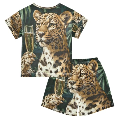 Pajama Sets Short Sleeve Leopard Holding Glass Wine Soft Cotton Summer Sleepwear 2 Piece PJS Size 5-14T2