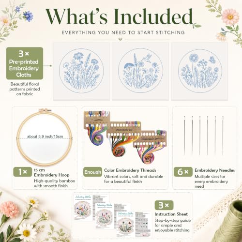 Image of Nuberlic Embroidery Kit for Beginners, 3 Pack Floral Stamped Embroidery Starter Kit with Hoop, Pre Printed Flower Patterns, Threads, Needles and Step by Step Instructions, DIY Needlework Gift