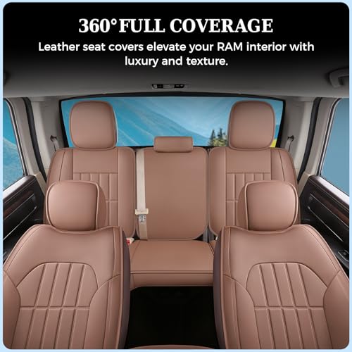 Image of Truckiipa Leather Seat Covers Truck Full Set, Dodge Ram Seat Covers Full Coverage Protector Pickup Trucks Accessories, Custom Fit for 2002-2018 Ram 1500,2002-2025 Ram 2500 3500 Crew Mega Cab, Brown