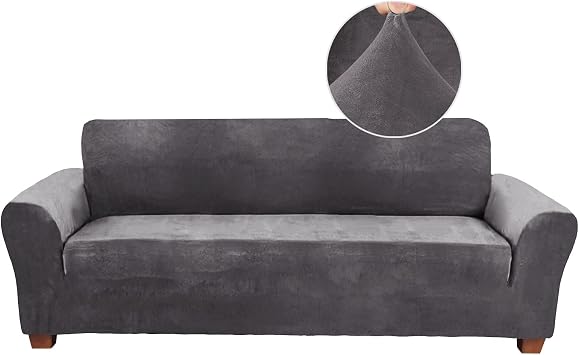 FY FIBER HOUSE Velvet Sofa Couch Cover for 3 Cushion Couch Sofa Covers for Living Room 1 Piece Plush Set Furniture Covers for Sofa Slipcover Stretch for Dogs, Gray 71.5"-95.5"