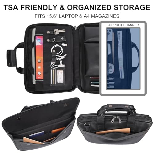 Image of Masa Kawa Leather Briefcase for Men Slim 15.6 inch Laptop Bag Waterproof Crossbody Shoulder Messenger Computer Attache Case for Business Work, Black