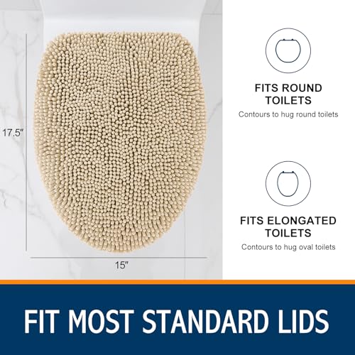 Image of Smiry Soft Chenille Bathroom Toilet Lid Cover, Machine Washable Covers, 17.5x15, Fits Most Round, Elongated and Oblong Lids, Accessories Decor, Beige