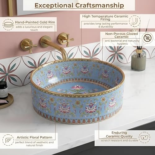 Image of BASSINO 16x16x5 Inches Designer Moroccan Ceramic Table Top Wash Basin /Glossy Blue Floral Art Bowl Sink for Bathroom /Handcrafted Round Countertop Washbasin for Office /Hotel(Glossy Blue)