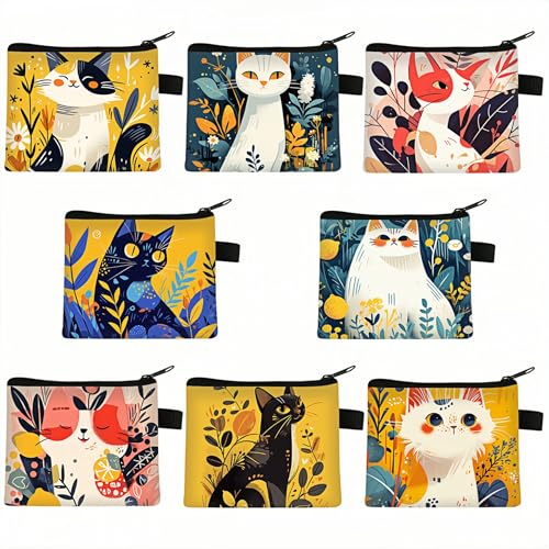 Fubuuf 8 Stück Süße Katzen Münzbeutel Mini Kinder Geldbörse Set mit Reißverschluss, Klein Damen Portemonnaie Münztasche Kosmetiktasche für Münzen, Kopfhörer, Schlüssel, Lippenstift, Karten (8 Designs)