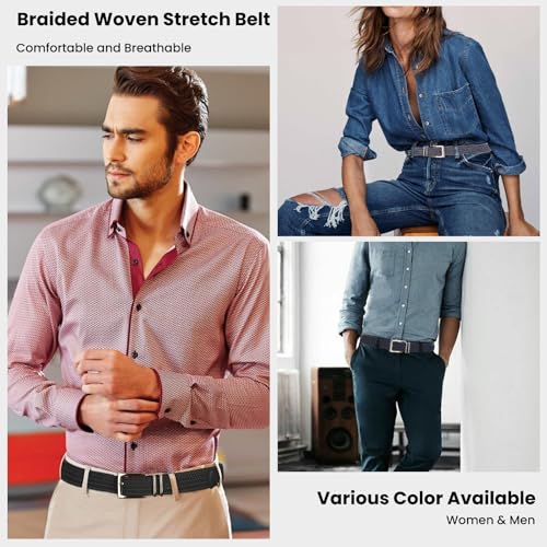 Casual Braided Woven Stretch Belt Women Men Elastic Belts for Women Golf Belts for Pants Jeans (A-Black, M: Fit Waist 33-36Inches)4