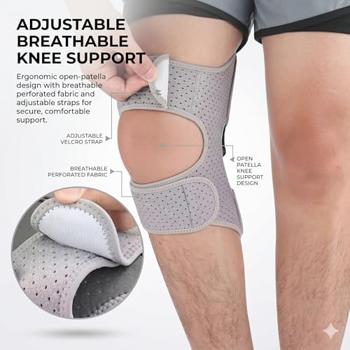 Image of JERN Knee Support Brace with Rebound Assist, Open Patella Stabilizer, Breathable Perforated Fabric, Adjustable Wrap-Around Straps for Running, Weightlifting, Outdoor Sports (Grey)