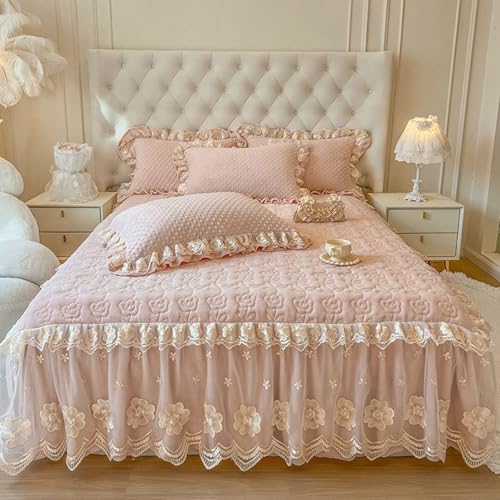 Beydodo Sábanas Bajera Ajustable 3 Piezas 180 x 220 CM + 2 Fundas de Almohada,Terciopelo Fundas Protectoras de Colchón Patrón de Floral con Encaje Bordado Rosa Claro