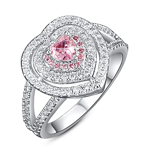 Emsione Created Pink Topaz Heart Cut Halo Wide Anniversary Wedding Engagement Ring Band for Women Men Size 9
