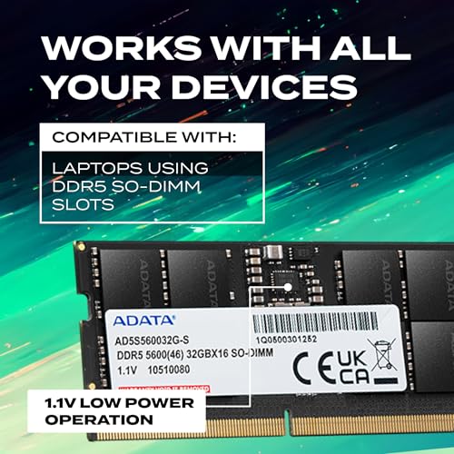 Image of ADATA DDR5 5600 SO-DIMM Memory Module - 32GB High Bandwidth Laptop Memory Module (RAM) - High-Speed 5600MHz - Automatic Error Correction - Compatible with AMD & Intel Platforms - AD5S560032G-S