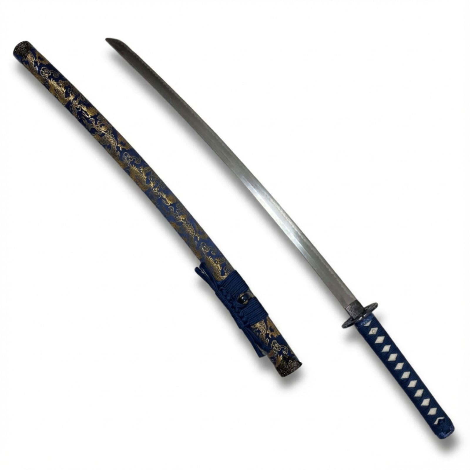 Katana Decorativa Giapponese Non Affilata, 100 cm, 900g, con Fodero Decorato, Impugnatura Intrecciata, 3 Colori Disponibili (Nero, Rosso, Blu) (Blu)