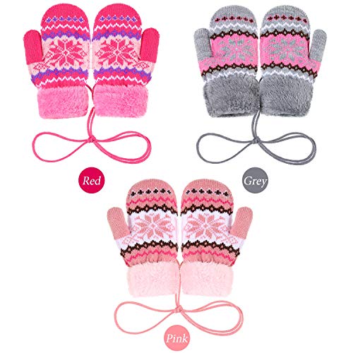 3 Pairs Kid Warm Snowflake Mittens Fleece Lining Knit Thicken Gloves with String3