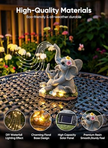 Brightown Solar-Elephant-Garden-Decor-Statue with Succulent & Watering LED Lights, Waterproof Outdoor Decor for Patio, Lawn, Balcony & Yard Decorations Outdoor, Unique Mothers Day Gifts for Mom Women - 4