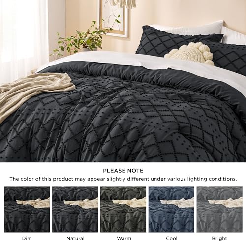 Image of Bedsure King Comforter Set - Black Comforter, Boho Tufted Distressed Vintage Bedding for Kids, 3 Pieces Farmhouse-Style Bed Set for All Seasons, Fluffy Soft Bedding with 2 Pillow Shams