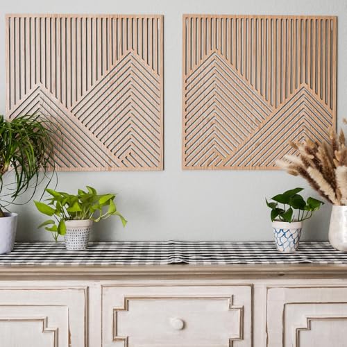 Snuglife 2 Pcs Wood Mountain Wall Art - Modern Wooden Panel Mountain Wall Decor, Decorative Forest Nature Abstract Line Minimalist Wall Art For Living Room Bedroom Farmhouse thumb #4