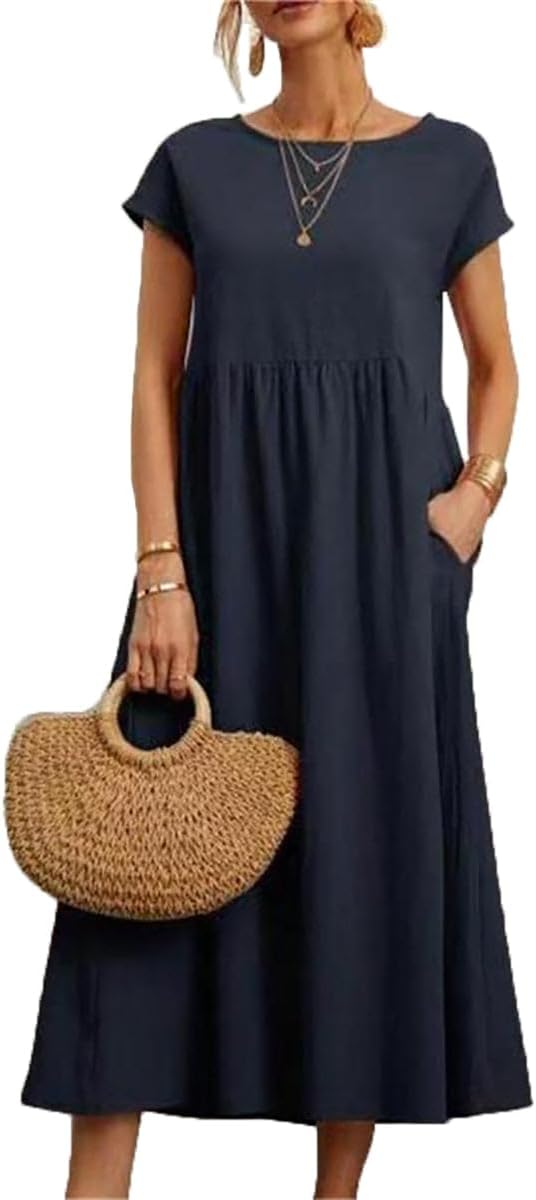 Kubsid Dresses for Women 2024 Summer Cotton Linen Solid Gauze Dress Loose Casual Beach Vacation Flowy Midi Dress with Pockets